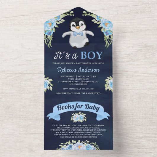 Blauwe Waterverf Penguin Navy Baby shower All In One Uitnodiging (Binnen)