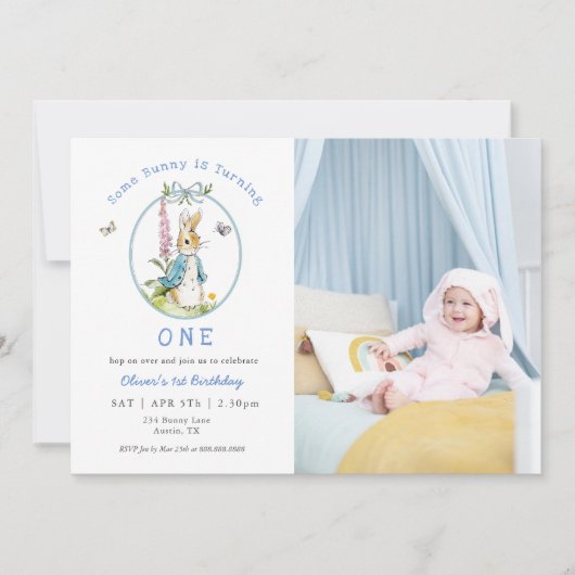 Blauwe Waterverf Peter Rabbit 1e verjaardag Kaart (Voorkant)