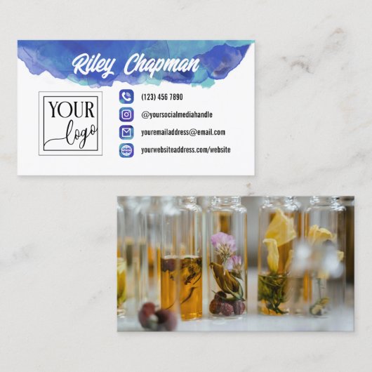 Blauwe Waterverf Pictogrammen Voeg Logo en foto to Visitekaartje (Voorkant / Achterkant)