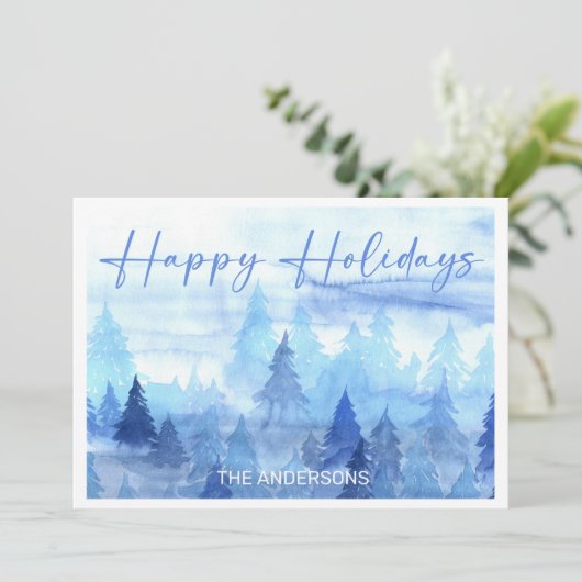 Blauwe Waterverf Pine Trees Winter Prettige feestd Feestdagenkaart (Staand voorkant)