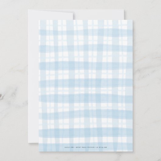 Blauwe Waterverf Plaid en Bow Baby shower Kaart (Achterkant)