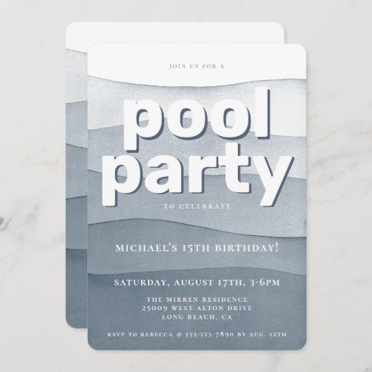 Blauwe Waterverf Pool Party Birthday Uitnodiging (Voorkant / Achterkant)