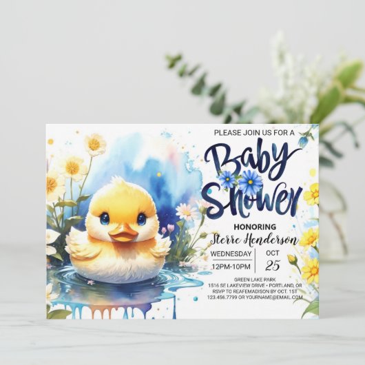 Blauwe Waterverf Quack Baby shower Kaart (Staand voorkant)