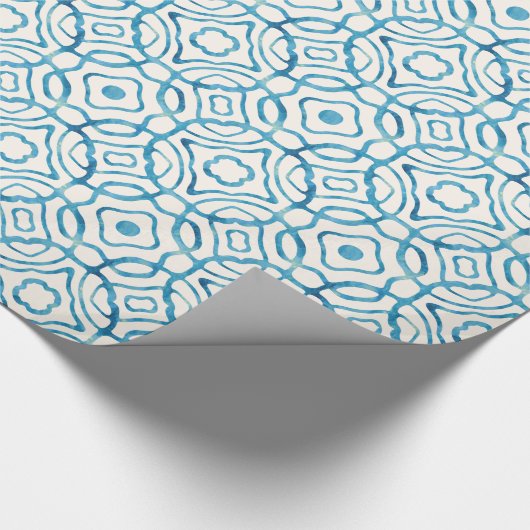 Blauwe Waterverf Quatrefoil Block Print Cadeaupapier (Hoek)