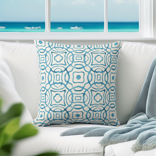 Blauwe Waterverf Quatrefoil Block Print Kussen (Creator heeft geüpload)