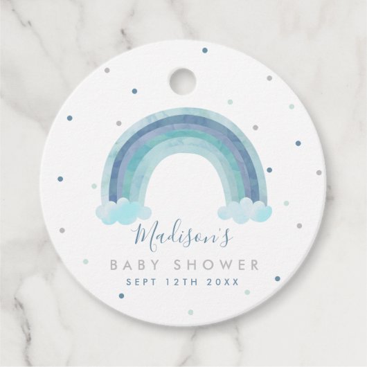 Blauwe Waterverf Regenboog Baby shower Gift Bedankjes Labels (Voorkant)