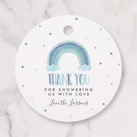 Blauwe Waterverf Regenboog Baby shower Gift Bedankjes Labels (Achterkant)