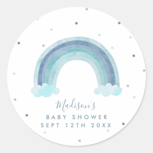 Blauwe Waterverf regenboogBaby shower Ronde Sticker (Voorkant)