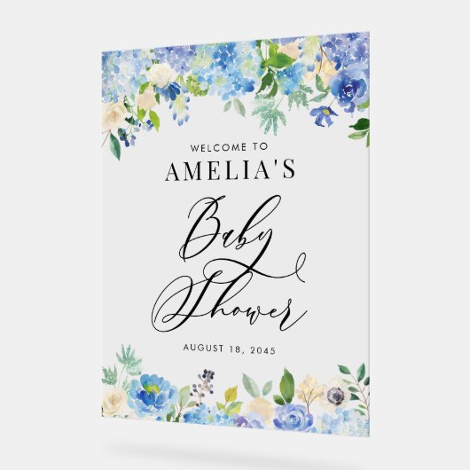 Blauwe Waterverf Roos en Hydrangea Baby shower Acryl Bord (Hoek)