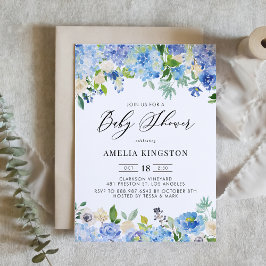 Blauwe Waterverf Roos en Hydrangea Baby shower Kaart