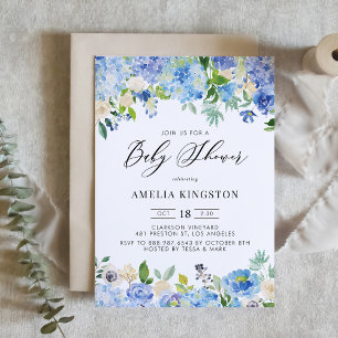 Blauwe Waterverf Roos en Hydrangea Baby shower Kaart