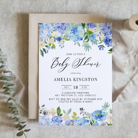 Blauwe Waterverf Roos en Hydrangea Baby shower Kaart