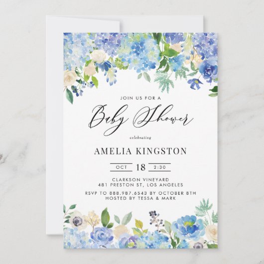 Blauwe Waterverf Roos en Hydrangea Baby shower Kaart (Voorkant)