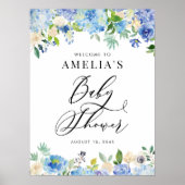 Blauwe Waterverf Roos en Hydrangea Baby shower Poster (Voorkant)