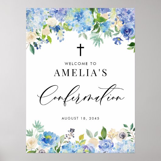 Blauwe Waterverf Roos en Hydrangea Bevestiging Poster (Voorkant)