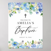 Blauwe Waterverf Roos en Hydrangea Doop Poster (Voorkant)