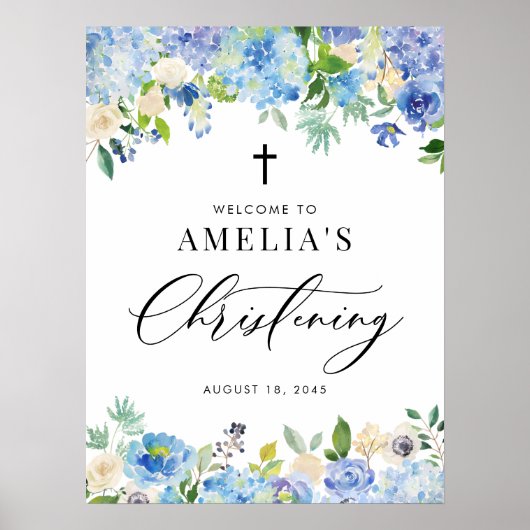 Blauwe Waterverf Roos en Hydrangea doopsel Poster (Voorkant)