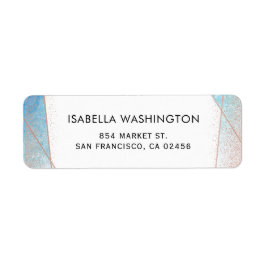 Blauwe Waterverf & Roos Gouden Geometrische Bruilo Etiket