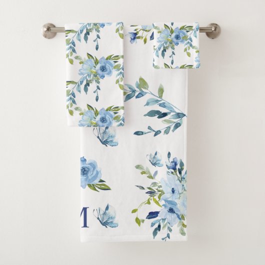 Blauwe Waterverf Roos Monogram Bad Handdoek (Insitu)