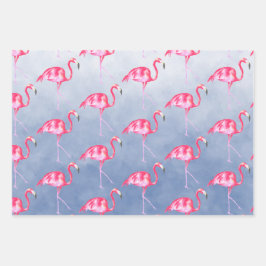 Blauwe Waterverf Roze Flamingo's Bloemen Inpakpapier Vel