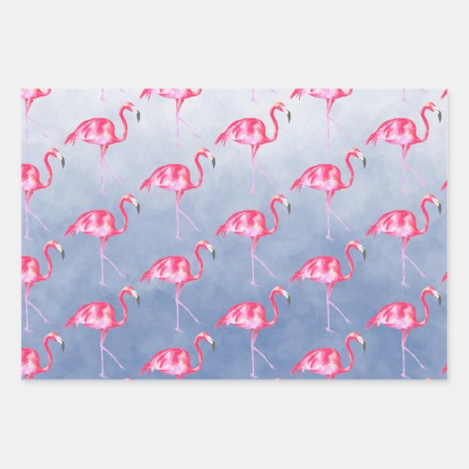 Blauwe Waterverf Roze Flamingo's Bloemen Inpakpapier Vel (Voorkant)