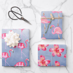 Blauwe Waterverf Roze Flamingo's Bloemen Inpakpapier Vel