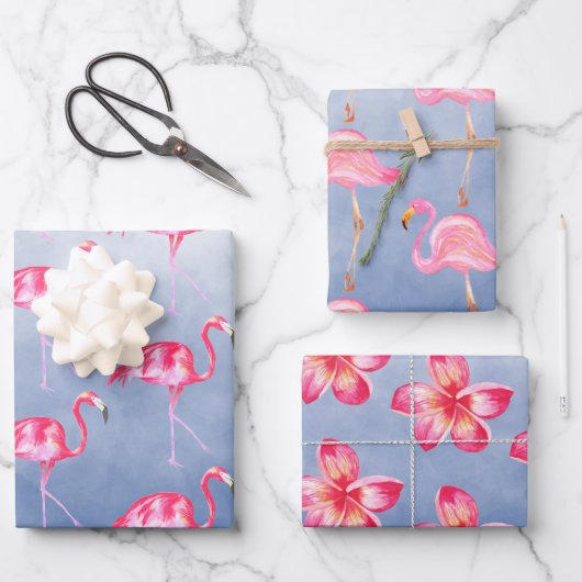 Blauwe Waterverf Roze Flamingo's Bloemen Inpakpapier Vel (Voorkant)