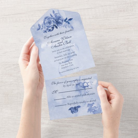 Blauwe Waterverf Rozen All In One Uitnodiging (Afscheurbaar)