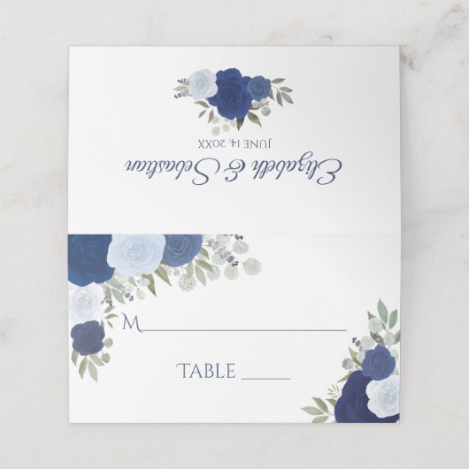 Blauwe Waterverf Rozen Elegante bruiloft Write-In Plaatskaartje (Buitenkant ongevouwen)