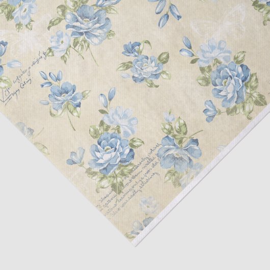 Blauwe Waterverf Rozen en tekst collage Tissuepapier (Detail)