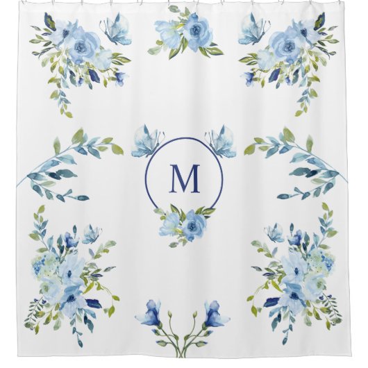Blauwe Waterverf Rozen Monogram Floral Douchegordijn (Voorkant)
