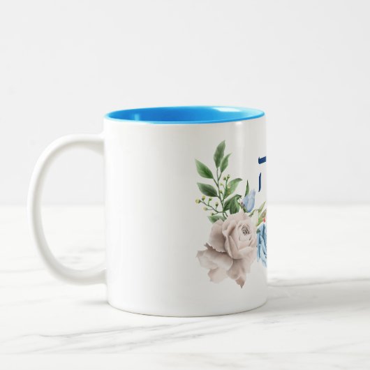 Blauwe Waterverf Rozen Naam in het Engels en Hebre Tweekleurige Koffiemok (Links)