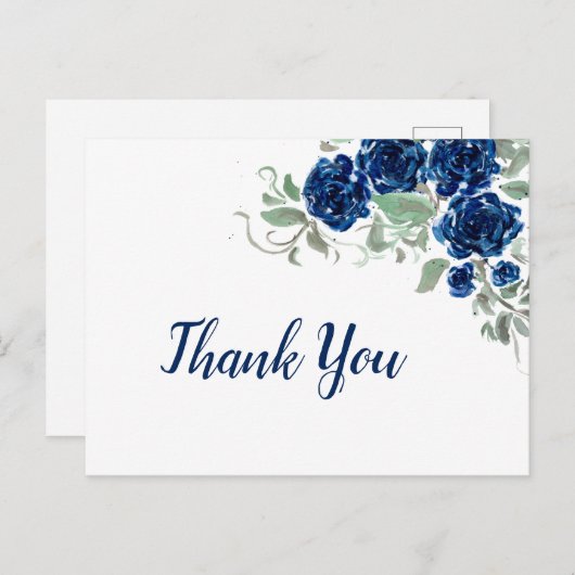 Blauwe Waterverf Rozen Rand Hartelijk dank Briefkaart (Voorkant / Achterkant)