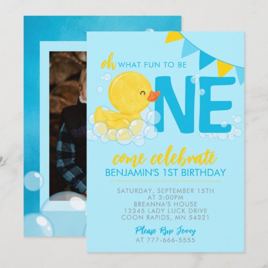 Blauwe Waterverf Rubber Duck 1e Verjaardag Foto Kaart (Voorkant / Achterkant)