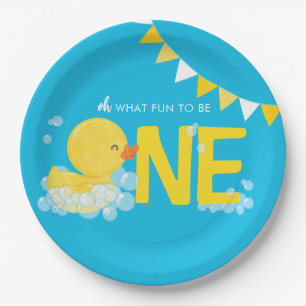 Blauwe Waterverf Rubber Duck ONE 1e Verjaardag Papieren Bordje