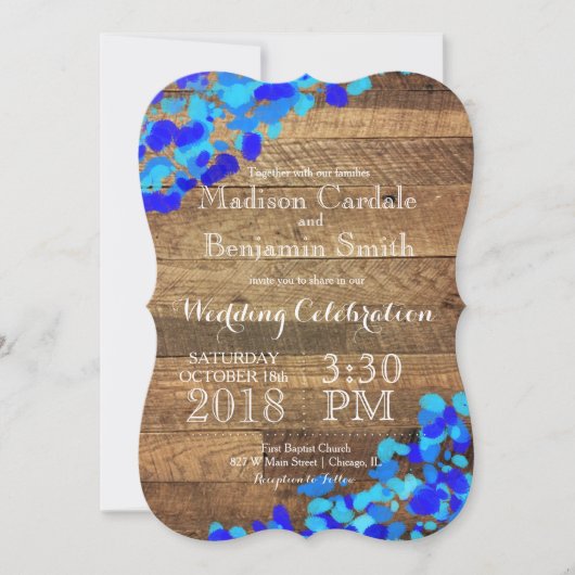 Blauwe Waterverf Rustic Barn Wood Wedding Invites Kaart (Voorkant)