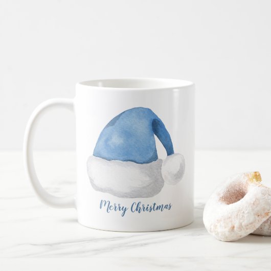 Blauwe Waterverf Santa Hat Persoonlijke Kerstmis Koffiemok (Met donut)