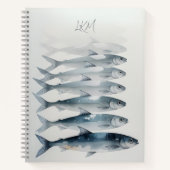 Blauwe Waterverf Sardine Art Custom Monogram Naam Notitieboek (Voorkant)
