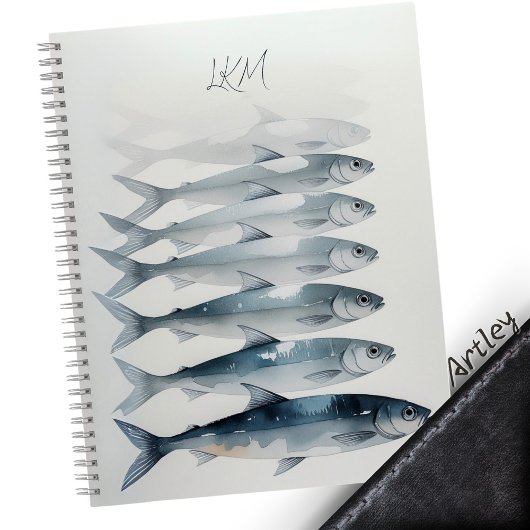 Blauwe Waterverf Sardine Art Custom Monogram Naam Notitieboek
