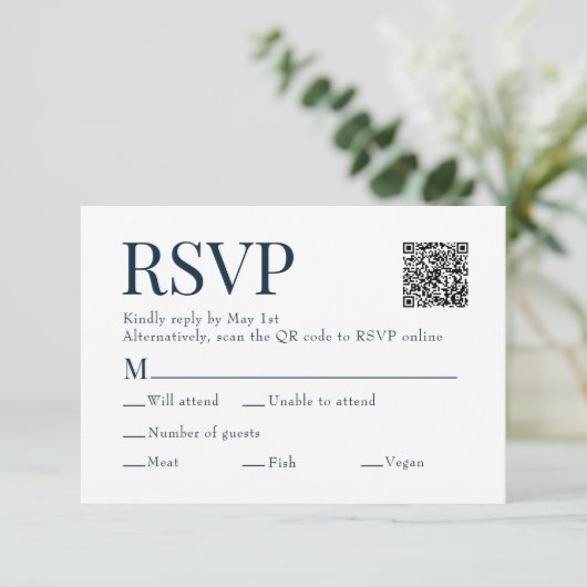 Blauwe Waterverf Scan QR Code Maaltijdkeuze Trouwe RSVP Kaartje (Staand voorkant)