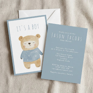 Blauwe Waterverf schattig slaperig teddybeer Baby  Kaart