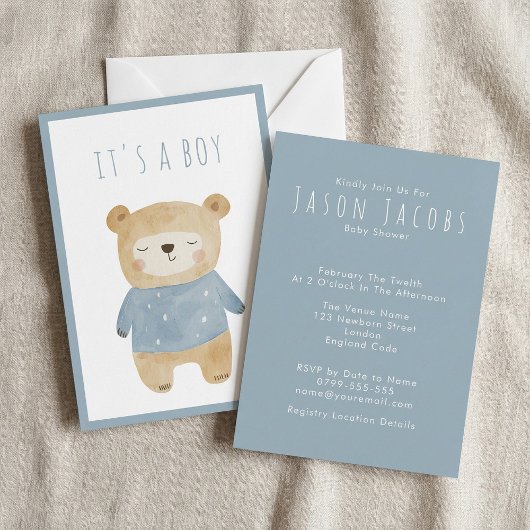 Blauwe Waterverf schattig slaperig teddybeer Baby  Kaart