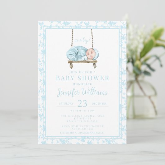 Blauwe waterverf schommel baby boy douche kaart (Staand voorkant)