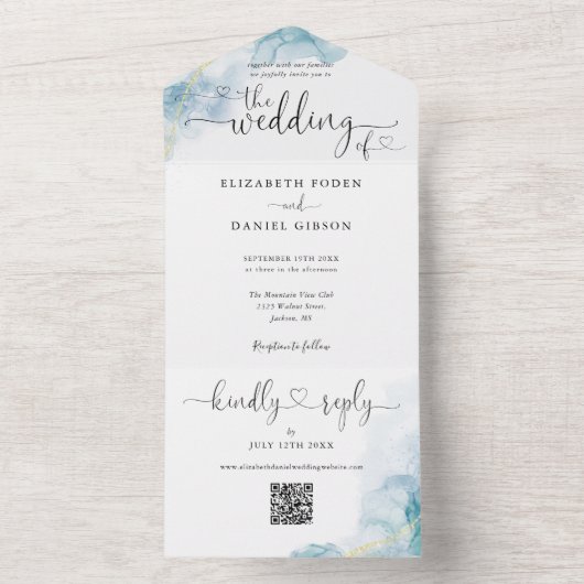 Blauwe Waterverf Script Harten QR Code Bruiloft All In One Uitnodiging (Binnen)