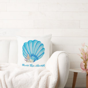 Blauwe Waterverf Seashell, Inspirerend Citaat Kussen