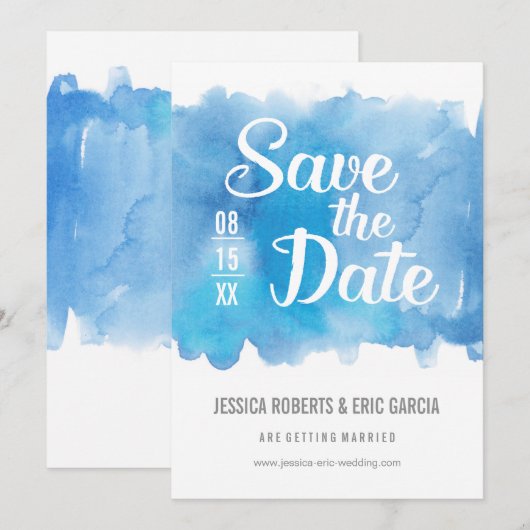 Blauwe Waterverf Sla de datum op Save The Date (Voorkant / Achterkant)
