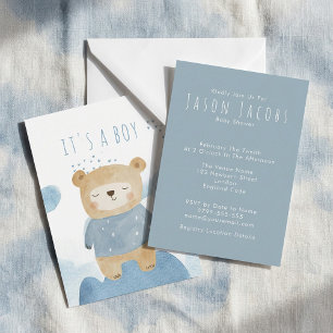 Blauwe Waterverf slaperig teddybeer Baby shower Kaart