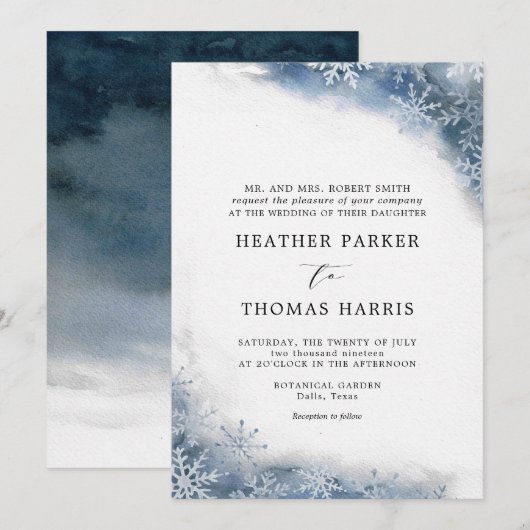 Blauwe Waterverf Sneeuwvlok Elegante Winterbruilof Kaart (Voorkant / Achterkant)