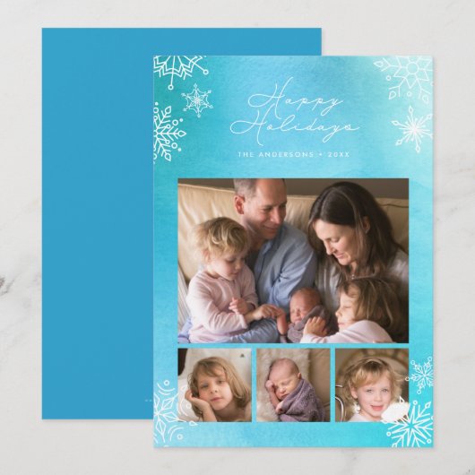 Blauwe Waterverf Snowflakes Prettige feestdagen Fo Feestdagenkaart (Voorkant / Achterkant)