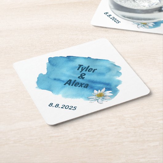 blauwe waterverf spatten met waterlans kartonnen onderzetters (Schuin)